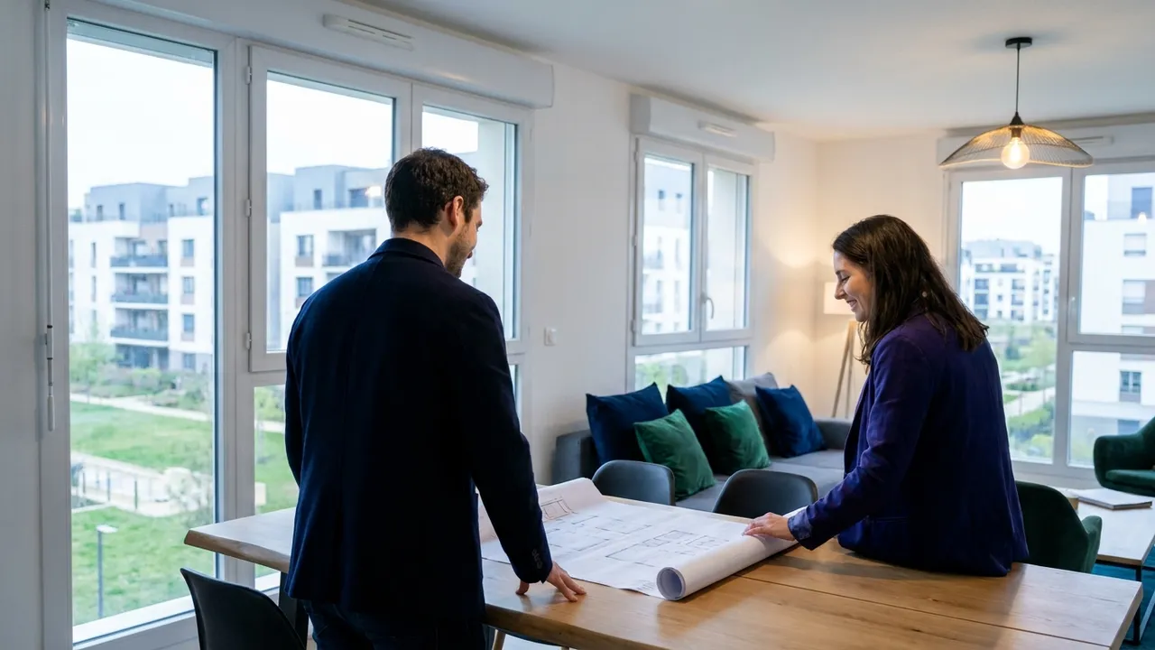 Un homme et une femme en veste étudient un plan d'architecte étalé sur une table en bois dans un appartement lumineux.