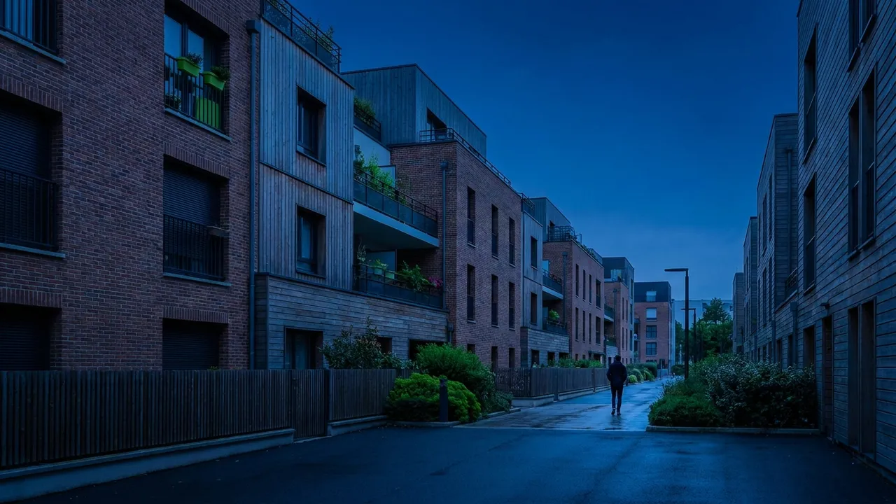 Résidences neuves en brique et bois à l’heure bleue, dans un quartier récent typique du Val d’Europe, une silhouette marchant au loin.